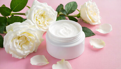 Opened white jar of natural herbal cream for women on pastel pink background