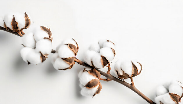 Photo of cotton branch isolated on white background with copy space