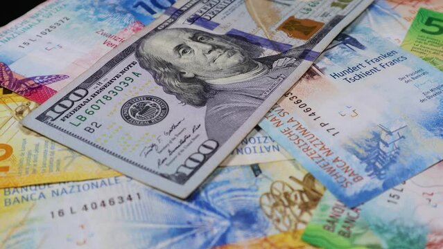4k close-up closeup clip of colorful banknotes of different countries of the world. Currency of America, Switzerland, China, Saudi Arabia, Europe, UAE and Qatar.