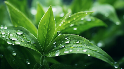 Fototapeta premium Raindrops on fresh green leaves of growing plants