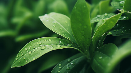 Raindrops on fresh green leaves of growing plants