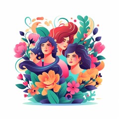 Womens with spring flowers, women equality day on white background. Illustration for International Women's Day.