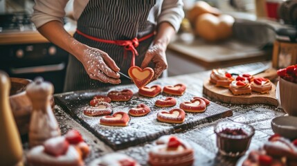 Person prepares heart-shaped cookies, sprinkling flour on a baking sheet, for a sweet Valentine's Day treat.