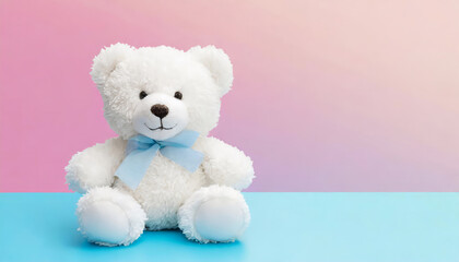 Smiling white teddy bear sitting on half pink and half blue background with copy space