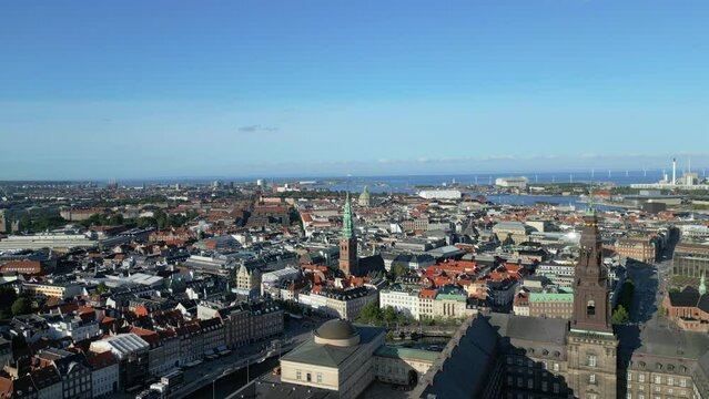 Copenhagen Folketing Parliament Christiansborg Palace. Christiansborg Palace on Copenhagen's central island of Slotsholmen. Cristiansborg Castle in Denmark. Danish Parliament Folketinget. Drone shoot 
