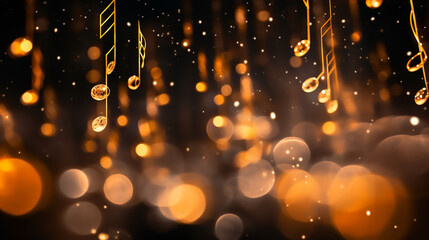 Music notes on a black and golden background, blurry lights