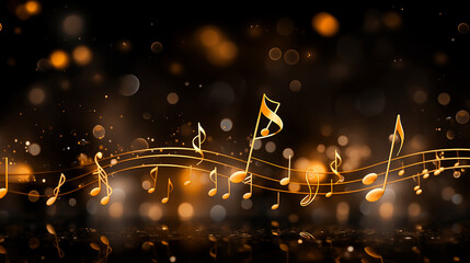 Music notes on a black and golden background, blurry lights