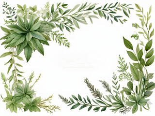 Fototapeta premium Chic Botanical Elegance Horizontal Herbal Banners for Wedding Invitations, Business Products, and Web Designs – A White Canvas Adorned with Leaves and Herbs