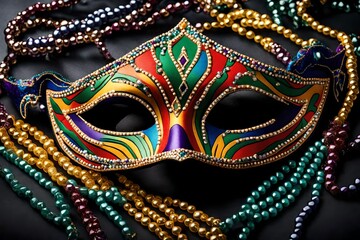 "A dynamic frame composed of a striking Mardi Gras mask and an array of colorful beads, 