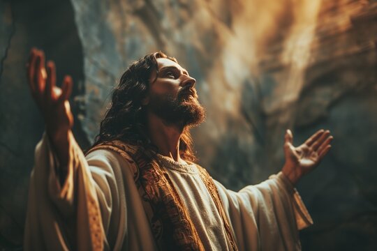 Jesus Christ with open arms reaching out in the sky