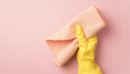 Top view of hand in yellow glove holding pastel pink rag on pink background with copy space - obrazy, fototapety, plakaty