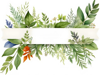 Chic Botanical Elegance Horizontal Herbal Banners for Wedding Invitations, Business Products, and Web Designs – A White Canvas Adorned with Leaves and Herbs