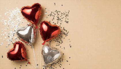 Top view of Valentine's Day decorations stylish heart shaped balloons and silver sequins on beige background with copy space