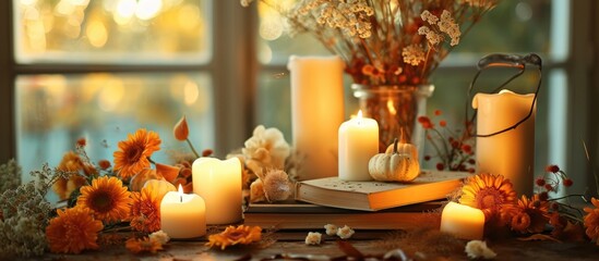 Autumn ambiance with candles, flowers, and books.