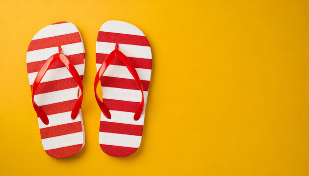 Top view of striped red and white flip-flops on yellow background with copy space