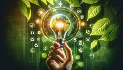 Main tenant une ampoule électrique sur un fond de feuilles vertes: idéal pour articles sur le climat, la terre, l’environnement, la technologie, l'écologie, l’électricité, l’énergie - obrazy, fototapety, plakaty