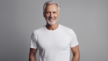 Happy fit sporty older man, middle aged male beauty model wearing white t-shirt smiling standing isolate background