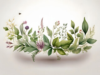 Chic Botanical Elegance Horizontal Herbal Banners for Wedding Invitations, Business Products, and Web Designs – A White Canvas Adorned with Leaves and Herbs