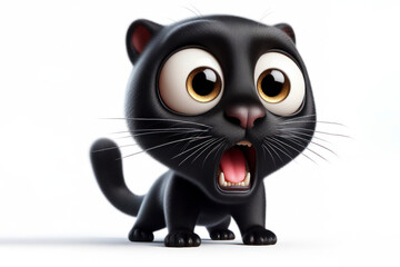full body Funny Portrait of surprised black Panther with bulging big eyes on solid white background. ai generative