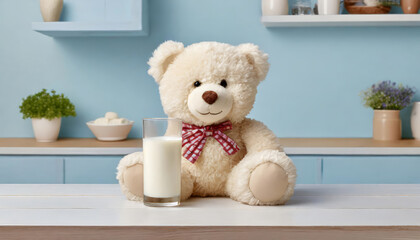 White smiling teddy bear sitting with glass of milk on table at pastel blue wall in kitchen