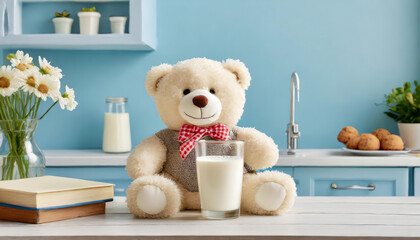 White smiling teddy bear sitting with glass of milk on table at pastel blue wall in kitchen
