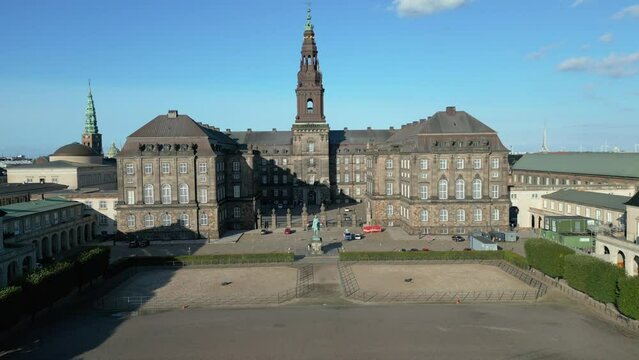 Copenhagen Folketing Parliament Christiansborg Palace. Christiansborg Palace on Copenhagen's central island of Slotsholmen. Cristiansborg Castle in Denmark. Danish Parliament Folketinget. Drone shoot 