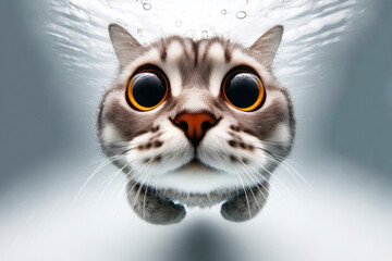 full body Funny Portrait of surprised cat underwater closeup wide angle photo. ai generative