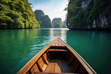 Traditional wooden boat on a serene river with towering limestone cliffs and lush greenery in a tranquil landscape.