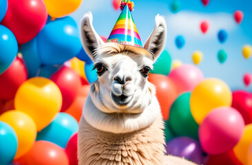 Funny lama, alpaca in happy birthday hat on a balloon background, happy birthday greeting card - obrazy, fototapety, plakaty