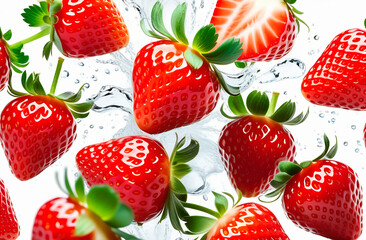 Ripe red strawberries with water splashes on white background, berries pattern