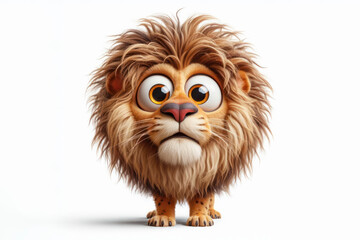 full body Funny Portrait of surprised Lion with bulging big eyes on solid white background. ai generative