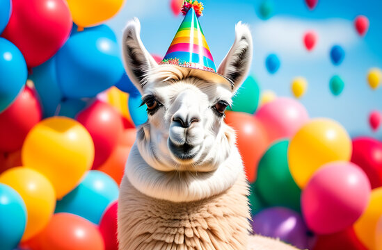Funny lama, alpaca in happy birthday hat on a balloon background, happy birthday greeting card