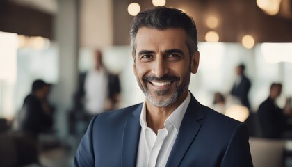 Fototapeta premium Happy middle aged muslim business man ceo entrepreneur, smiling mature professional executive manager
