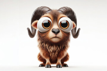 full body Funny Portrait of surprised Mouflon with bulging big eyes on solid white background. ai generative