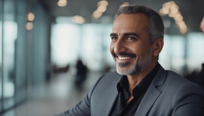 Fototapeta premium Happy middle aged muslim business man ceo entrepreneur, smiling mature professional executive manager