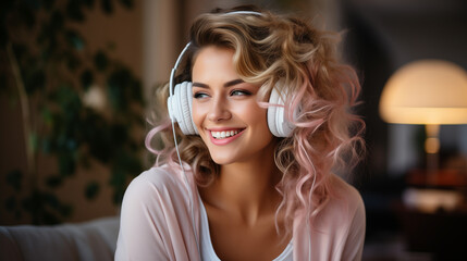 Portrait of a beautiful woman listening to music