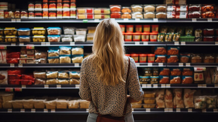A woman comparing products in a grocery store, supermarket - obrazy, fototapety, plakaty