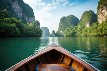 Traditional wooden boat bow on a serene river with towering limestone cliffs and lush greenery in a...