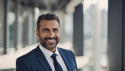 Fototapeta premium Happy middle aged muslim business man ceo entrepreneur, smiling mature professional executive manager