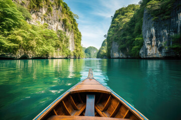 Fototapeta premium Serene kayak journey through a majestic green canyon with crystal-clear waters.