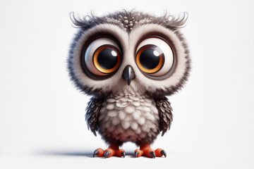 full body Funny Portrait of surprised owl with bulging big eyes on solid white background. ai generative