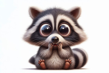 full body Funny Portrait of surprised racoon with bulging big eyes on solid white background. ai generative - obrazy, fototapety, plakaty
