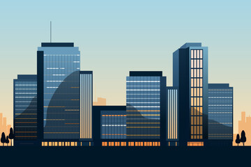 Business district of the city. Business office center. Tall modern skyscrapers with glass facades and reflections against the backdrop of the city. Silhouettes of buildings. - obrazy, fototapety, plakaty