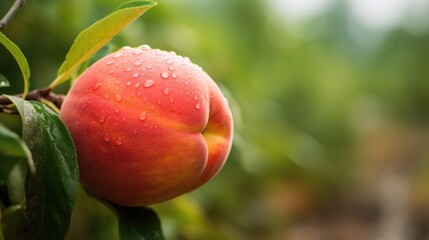 Beautiful organic close up ripe peach on nature outdoor background with copy space.
