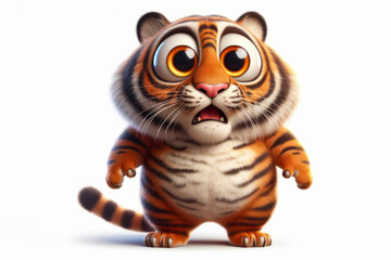 full body Funny Portrait of surprised tiger with bulging big eyes on solid white background. ai generative