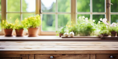 Country-style kitchen with large windows and garden; wooden table top against a blurry background. - obrazy, fototapety, plakaty