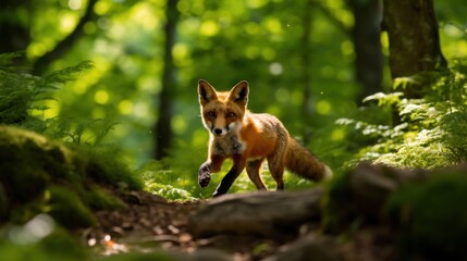 Naklejka na ściany i meble Beautiful red fox in the forest, outdoor wild nature background with copy space.