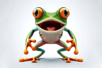 full body Funny Portrait of surprised Tree frog with bulging big eyes on solid white background. ai generative