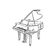 A line drawn illustration of a grand piano in black and white. Vectorised digitally for a variety of uses. Drawn by hand in a sketchy style.