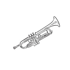 A line drawn illustration of a trumpet in black and white. Vectorised digitally for a variety of uses. Drawn by hand in a sketchy style. © Amelia